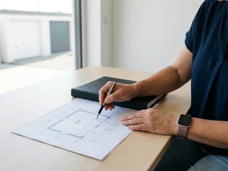 Hand mit Stift über einer bemaßten Bauzeichnung