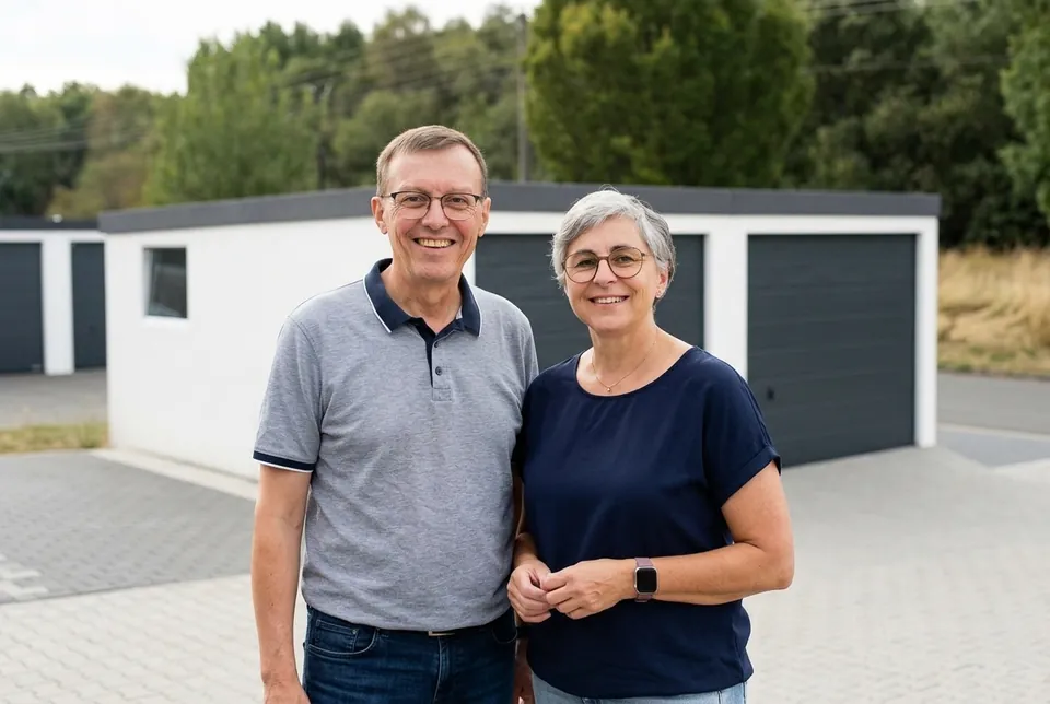 Wilhelm und Andrea Knopp vor Garagen mit anthrazitfarbenen Toren