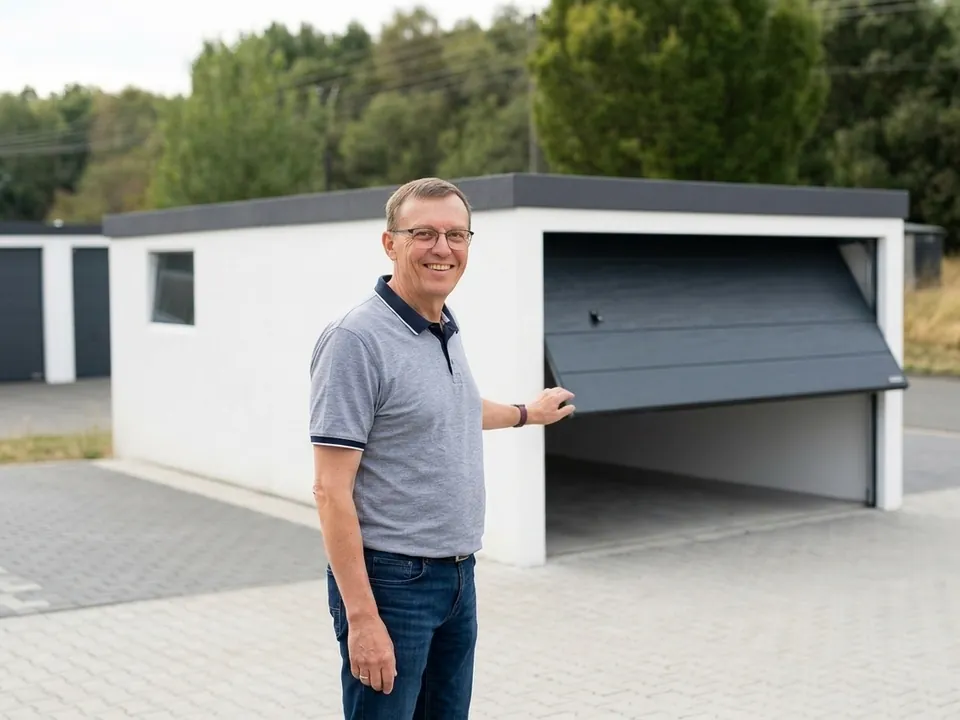 Wilhelm Knopp öffnet das Tor einer Einzelgarage auf der Ausstellungsfläche