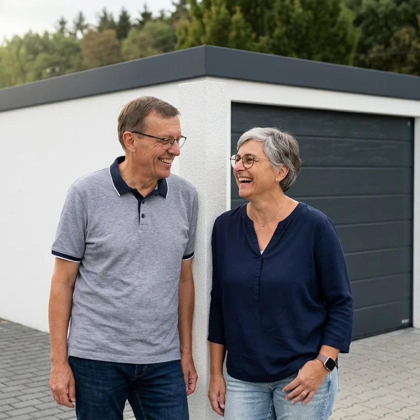 Wilhelm und Andrea Knopp im Gespräch vor einer fertigen Garage