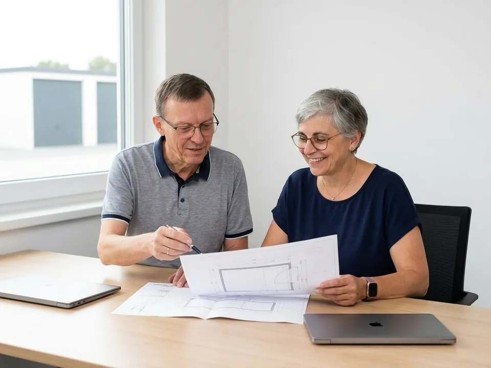 Wilhelm und Andrea Knopp planen eine Garage am Schreibtisch