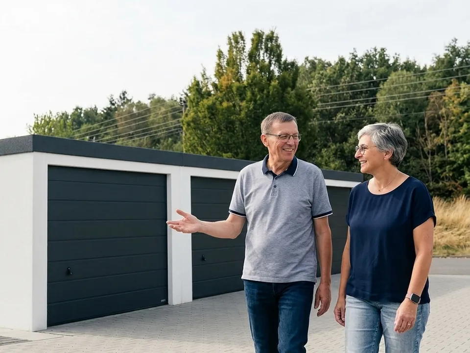 Wilhelm und Andrea Knopp vor einer Reihe von Garagen mit anthrazitfarbenen Toren