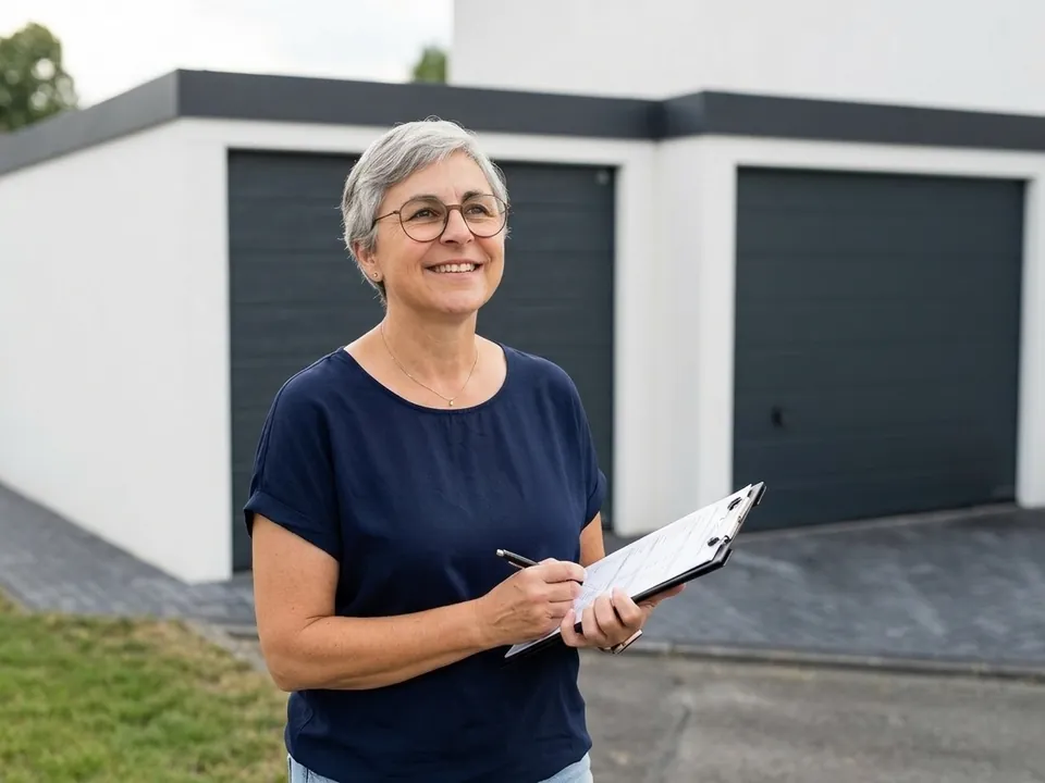 Andrea Knopp mit Klemmbrett bei der Abnahme vor einer fertigen Garage